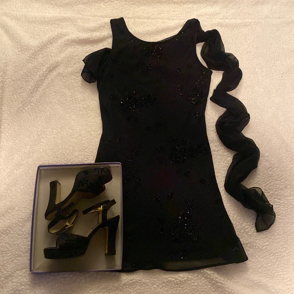 Vintage Cocktail Dress + Matching Heels Duo Black Velvet Flower Designs